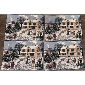 Vintage Set of 4 Christmas Winter Village Scene Tapestry Placemats Blue Trim